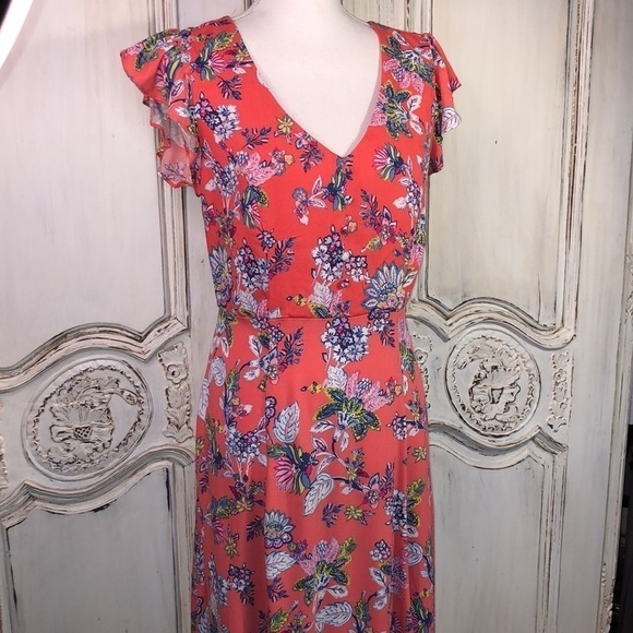 Scoop Lovely Feminine V Neck Button Front Ruffle Sleeve Back Cutout Maxi Dress - Picture 2 of 13